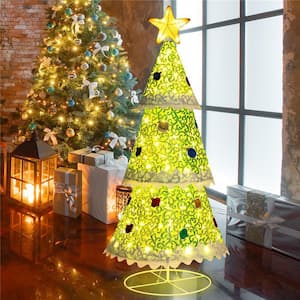 4.6 FT Pop-up Artificial Christmas Tree w/110 Warm Lights Pre-Lit Christmas Decoration