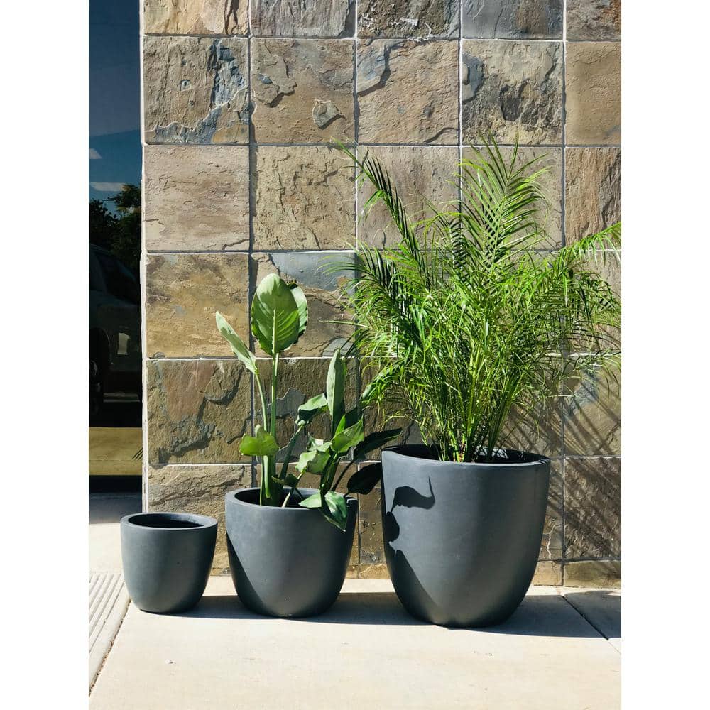 Modern Charcoal Concrete Round Planters, Set of 3