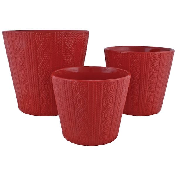 Pride Garden Products Knit 6.5 in. Dia, 5.5 in. Dia and 4.5 in. Dia Red Ceramic Pot (Set of 3)