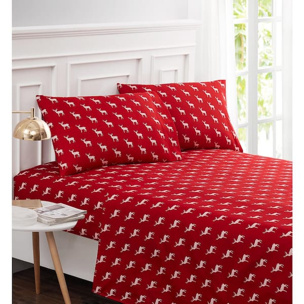 Harper Lane Contempo Deer 4-piece Red Microfiber Queen Sheet Set