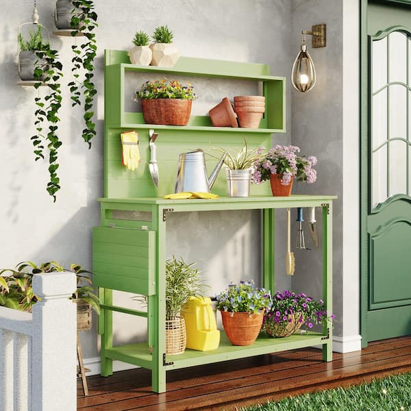 Zeus & Ruta 65 in. H x 43.5 in. W x 19.7 in. D Outdoor Green Wood Backyard Potting Bench Table Plant Stand with Shelves