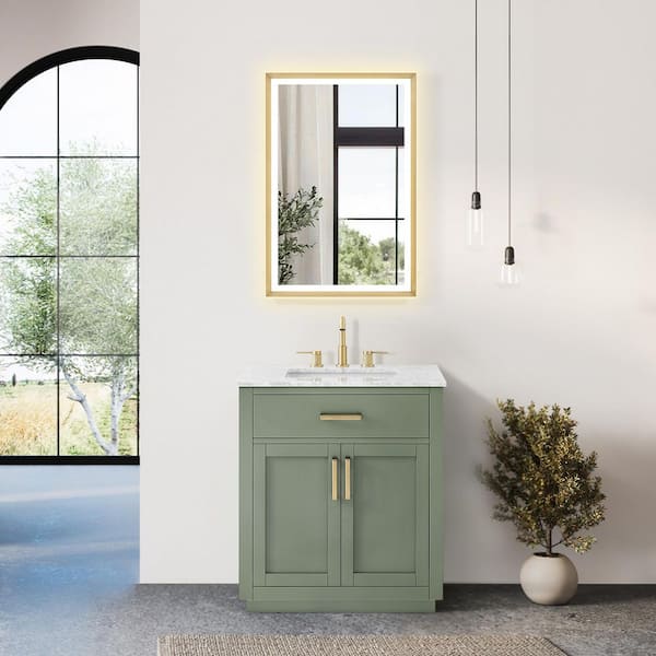 Ivy 30 in. Single Freestanding Vintage Green Bath Vanity with Carrara White Marble Top Assembled