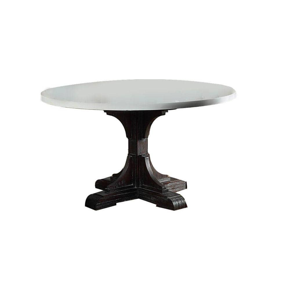 Round White Marble Top Dining Table with Dark Wood Pedestal Base