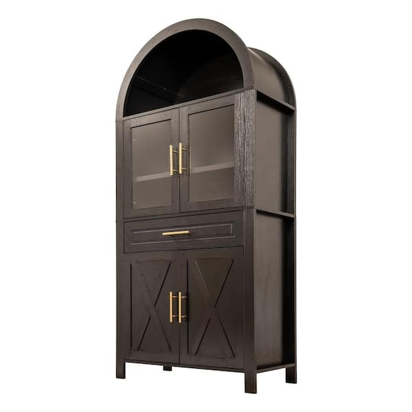 Marissa Farmhouse Black+Black 71 in. Tall Arched Kitchen Pantry Cabinet with Glass Door, Adjustable Shelves, Barn Door