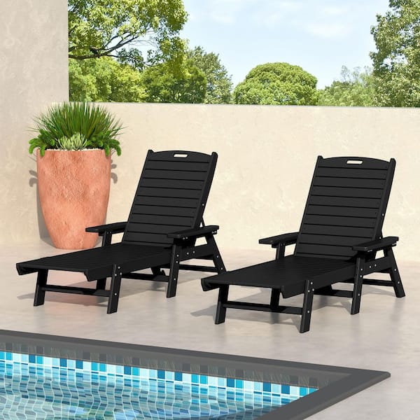 Harlo 2-Piece Black HDPE Fade Resistant All Weather Plastic Reclining Outdoor Adjustable Back Chaise Lounge Arm Chairs