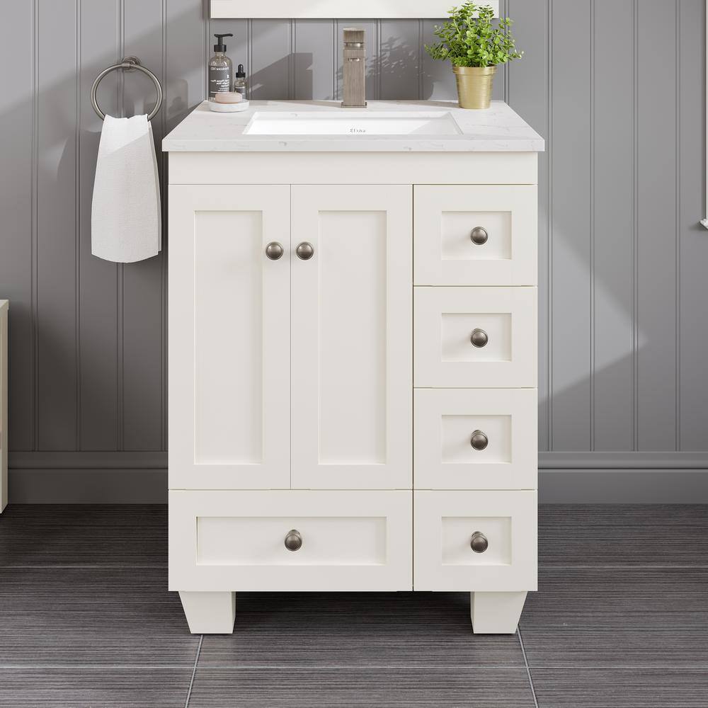 White Carrara Quartz Top Freestanding Bathroom Vanity with Porcelain Sink