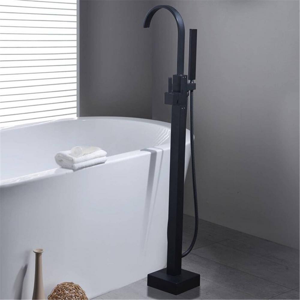 Matte Black Brass Freestanding Waterfall Tub Faucet with Hand Shower
