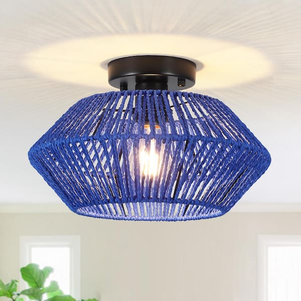 12.59 in. 1-Light Black and Blue Metal Semi-Flush Mount Light with Imitation Hemp Rope Shade and No Bulbs Included