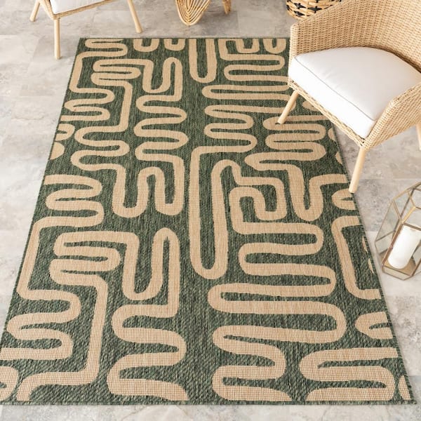 Elowyn Abstract Maze Green 9.6 ft. x 12 ft. Outdoor Area Rug