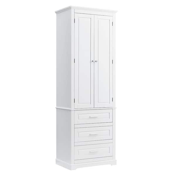 Cesicia 24 in. W x 15.7 in. D x 70 in. H White MDF Freestanding Tall Linen Cabinet with Adjustable Shelf and 3 Drawers