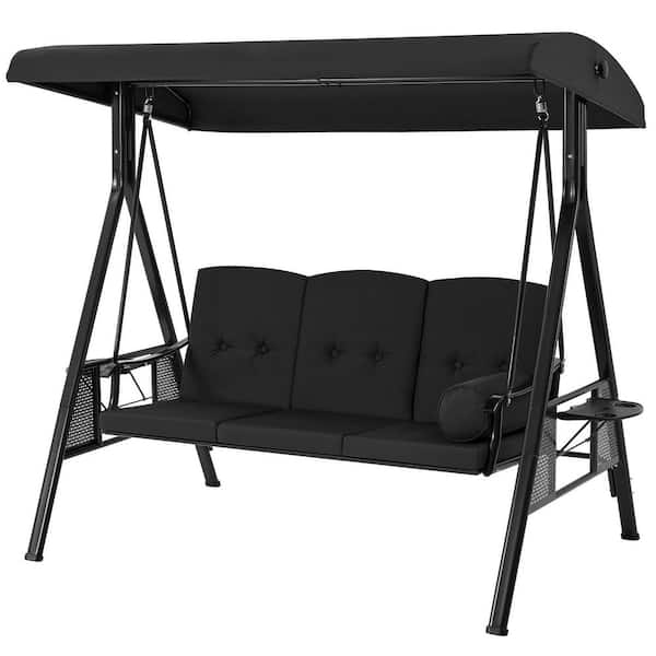 3-Person Metal Outdoor Patio Swing Chair in Black with Canopy and Cushions