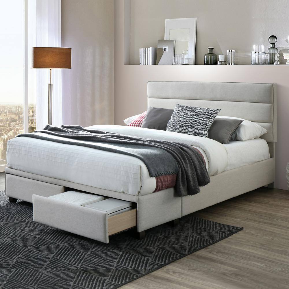 Beige King Upholstered Bed with Storage Drawers and Tufted Headboard