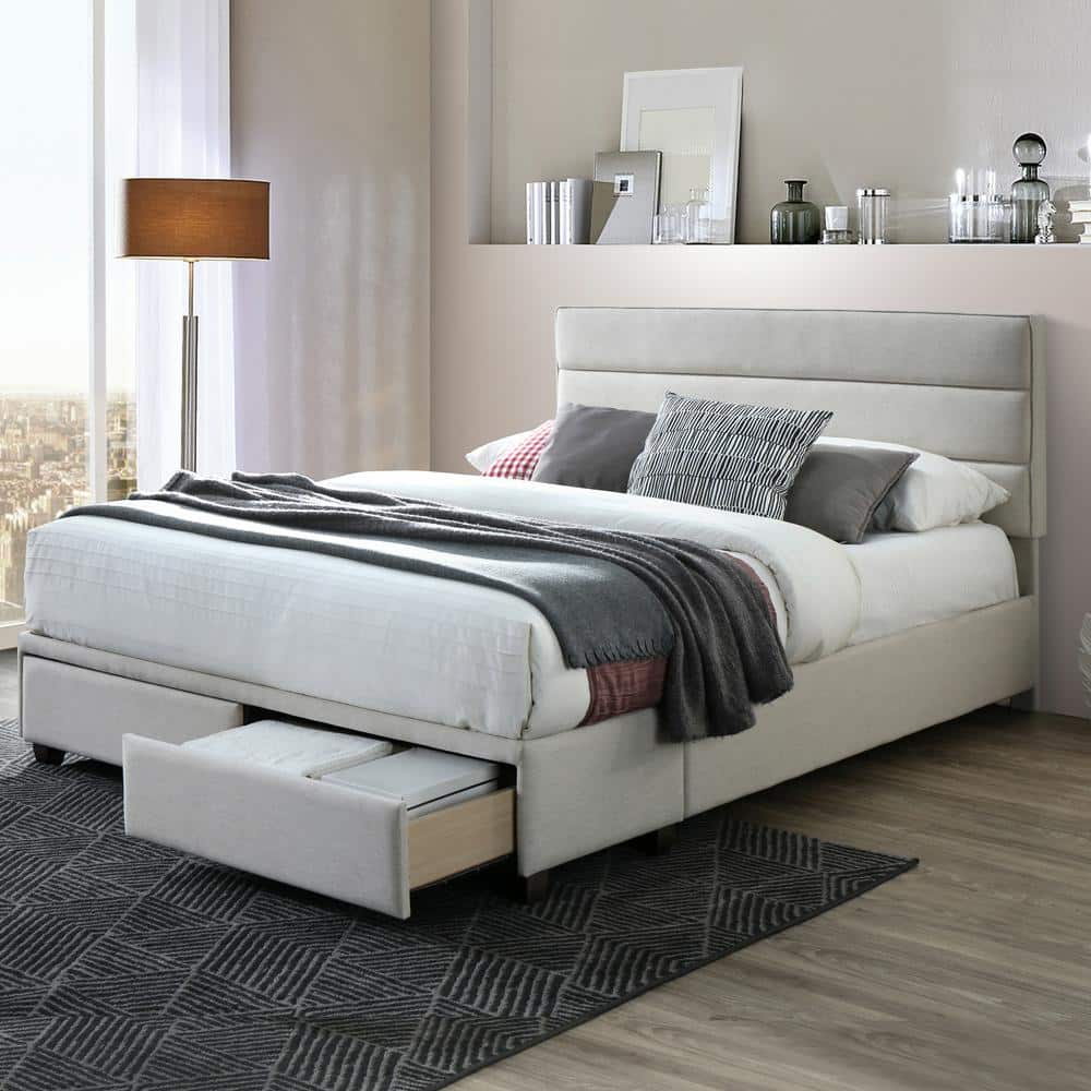 Beige King Upholstered Bed with Storage Drawers and Tufted Headboard