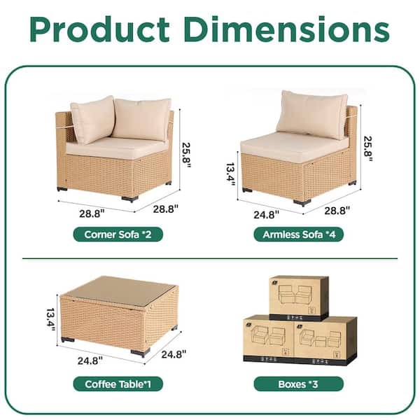 Yellow 7-Piece Wicker Patio Conversation Seating Set with Beige Cushions