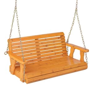 2-Person Wooden Porch Swing Chair Garden Swing Bench w/Adjustable Chains Orange