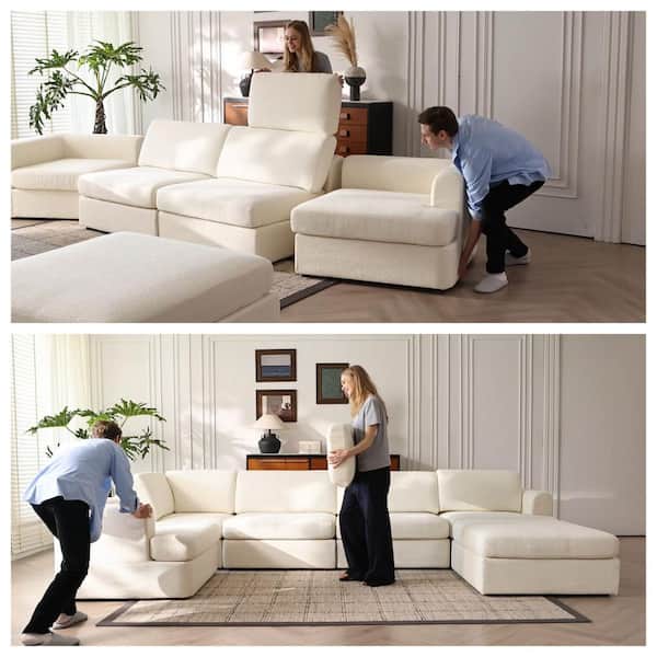 J&E Home 118 in. Square Arm Boucle Fabric Deep Seat Modular Free