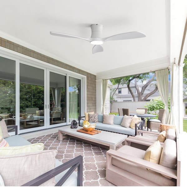 48 in. LED Indoor/Outdoor Flush Mount White Ceiling Fan with 3-Solid Wood Blades, 6-Speed DC Remote Control