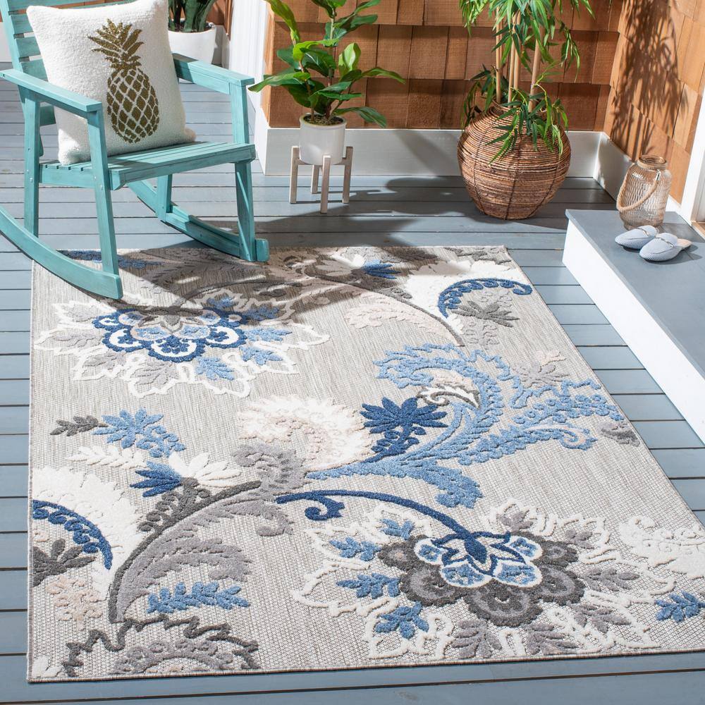 Grey and Blue Floral Synthetic 8' x 10' Area Rug