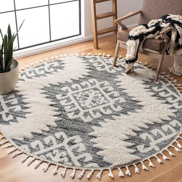 Moroccan Tassel Shag 11 ft. ft. x 11 ft. Ivory/Gray Tribal MTS652F Round Rug