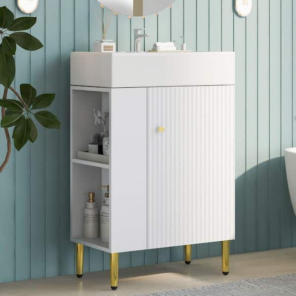 21.6 in. Freestanding White Bath Vanity with White Ceramic Top, Left Side Storage