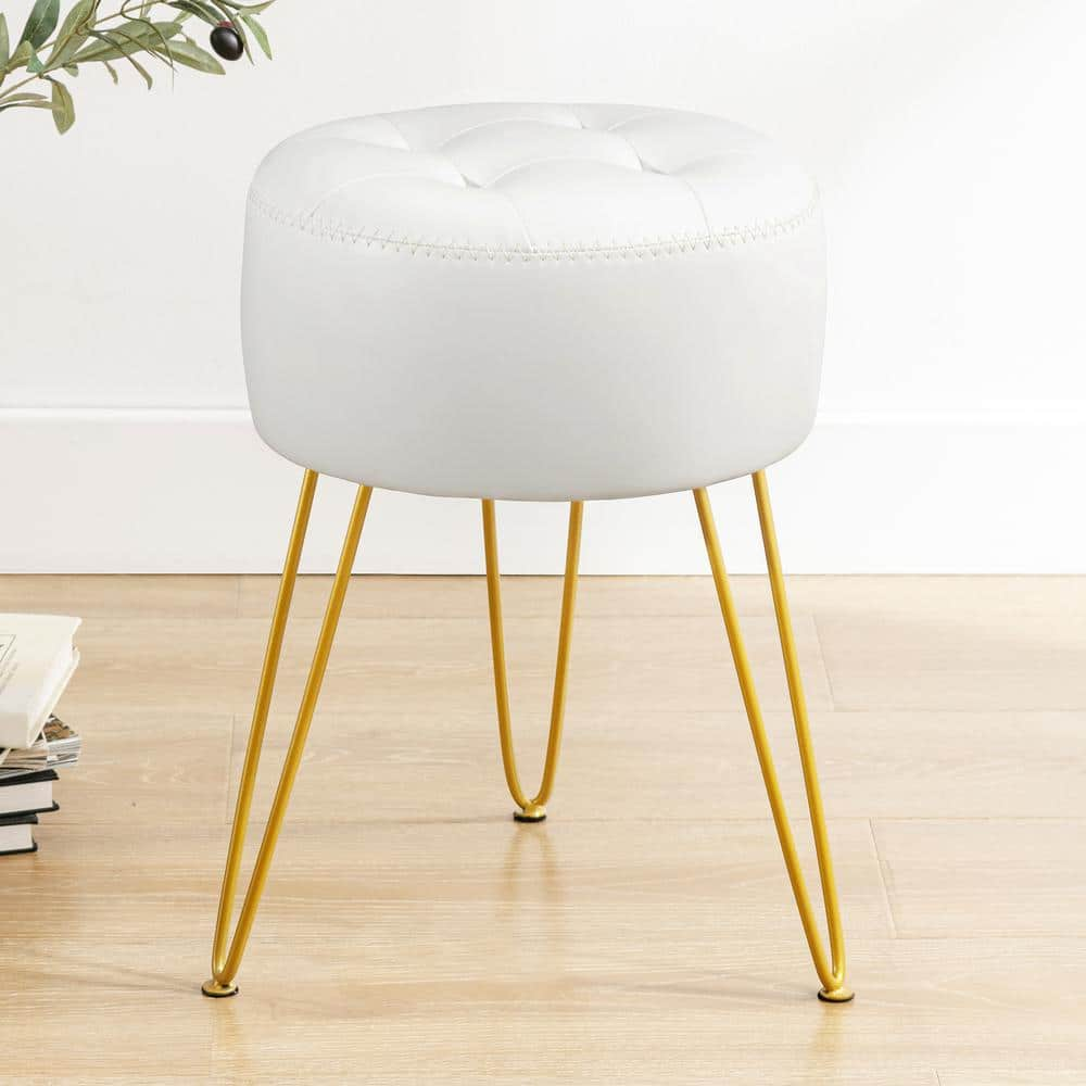 LUE BONA White Tufted Faux Leather Vanity Stool with Metal Legs for