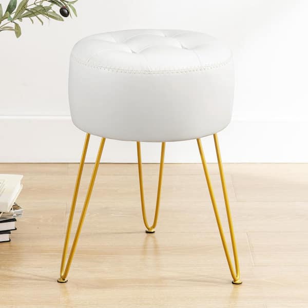 LUE BONA White Tufted Faux Leather Vanity Stool with Metal Legs for Makeup Room