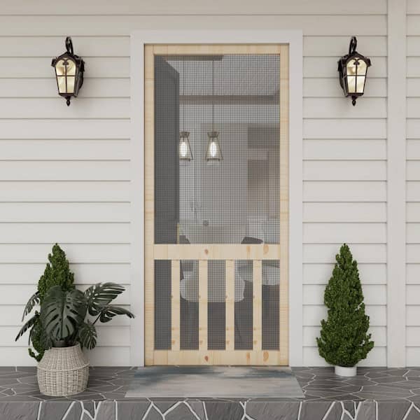 30 in. x 80 in. Single Universal Paneled Railing Style Unfinished Pine Wood and Gauze Mesh Hinged Screen Door