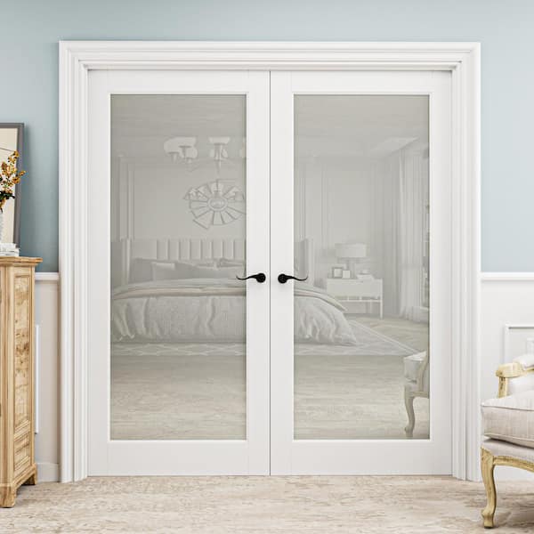 72 in. x 80 in. Universal Handed 1-Lite Frosted Glass White Solid Core Wood Ready to Assemble Interior Door French Door