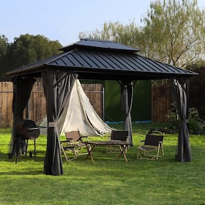 12 ft. W x 10 ft. L Aluminum Double Hardtop Gazebo with Grey Curtains and Netting