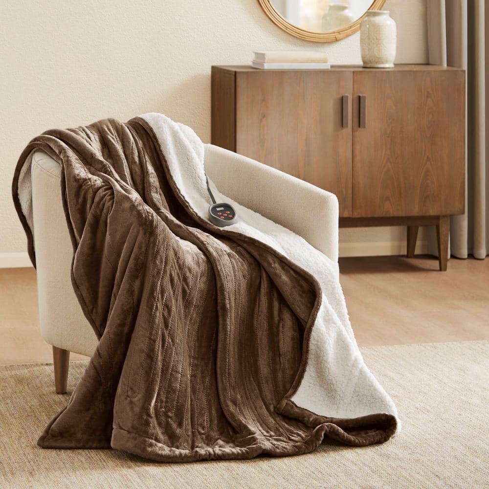 Twin Chocolate Reversible Sherpa Knitted Heated Blanket