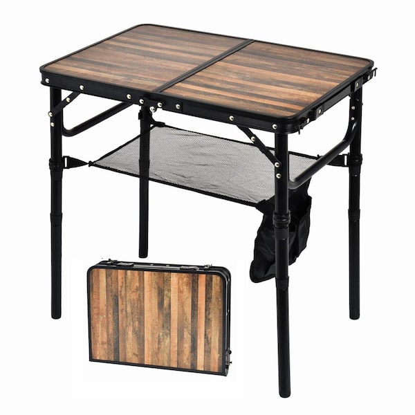 Portable Folding Table 21.91 in. Wood Grain Rectangle Aluminum Picnic Tables Lightweight 3-Adjustable Heights