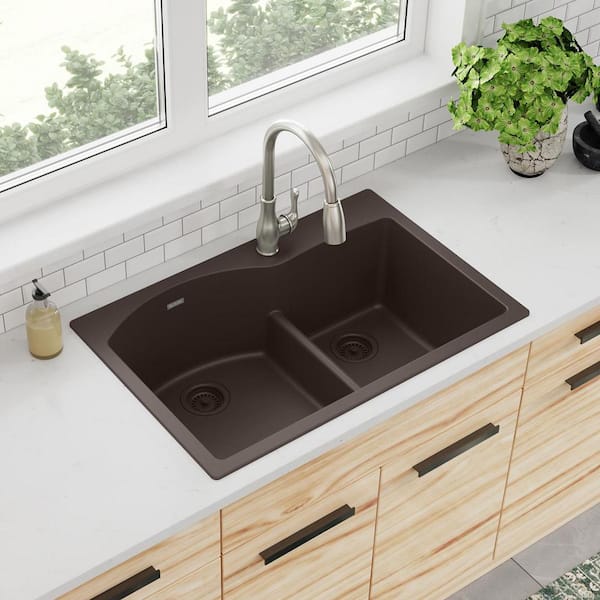 Quartz Classic 33 in. Drop-in Offset 60/40 Double Bowl Mocha Granite/Quartz Composite Kitchen Sink Only