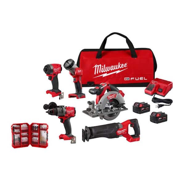 M18 FUEL 18V Lithium-Ion Cordless Combo Kit (5-Tool) w/ 2 5.0 Ah Batteries, Charger & 60 PC SHOCKWAVE Impact Bit Set