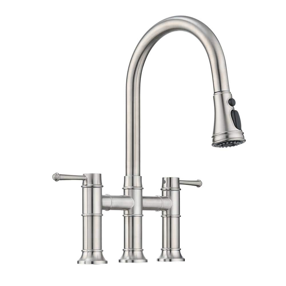 Double Handle Bridge Kitchen Faucet with Pull-Down Spray Head, Deck Mount 3