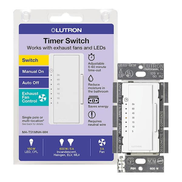 Maestro Countdown Timer Switch for Fans and Lights, 3A Fan/150W LED, Single-Pole/Multi-Location, White (MA-T51MNH-WH)