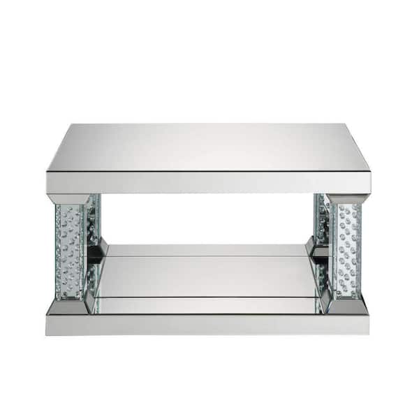 Benjara Pali 36 in. Silver Rectangular Mirrored Glass Top Coffee Table with Faux Crystal Inlay
