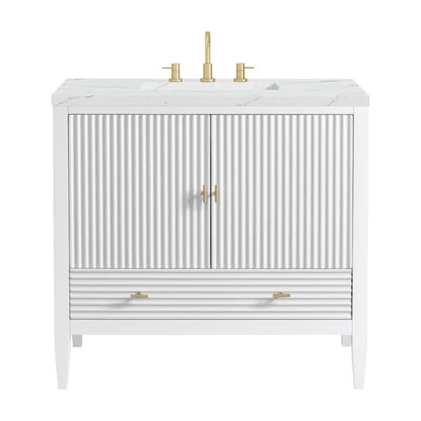 James Martin Vanities Myrrin 36.0 in. W x 23.5 in. D x 34.06 in. H Single Bathroom Vanity Bright White and Ethereal Noctis Quartz Top