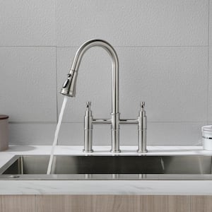 Double Handle Bridge Kitchen Faucet with Pull down Sprayhead in Brushed Stainless Steel