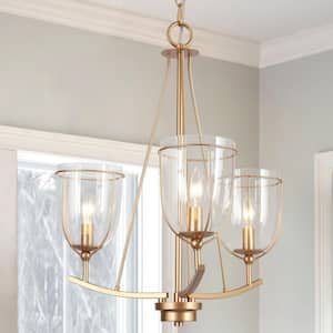 3-Light Modern Brass Gold Candlestick Chandelier Light with Clear Glass Shades