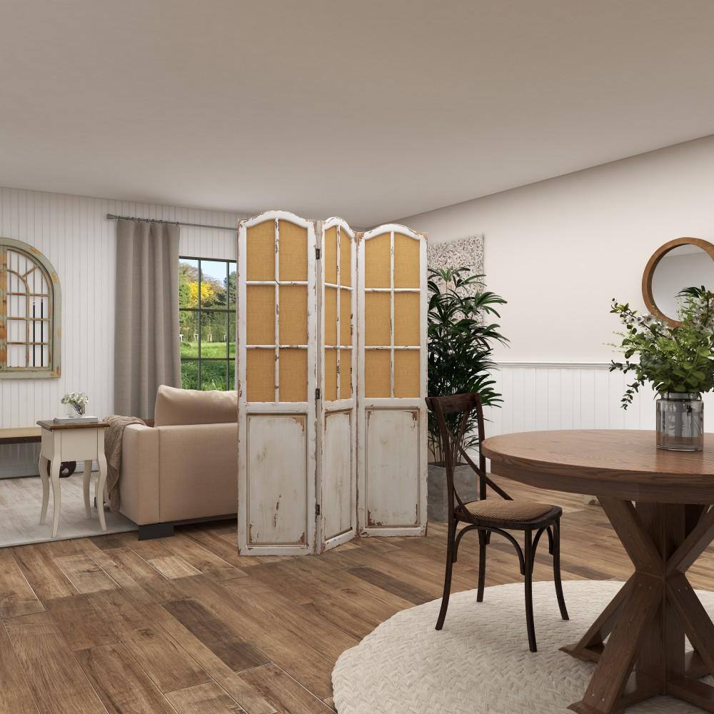 Beige and White Fir Wood Triple Panel Folding Privacy Screen