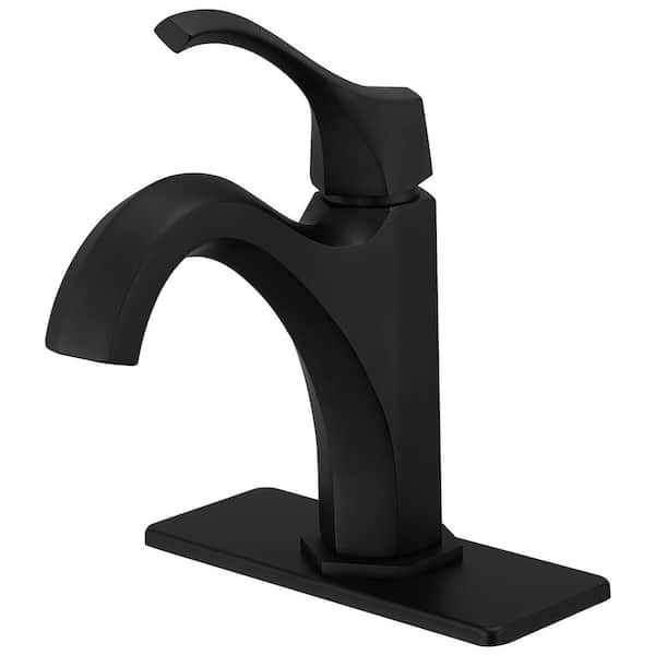 FLG Single Handle Single Hole Bathroom Faucet with Deckplate and Pop-up Drain Modern Brass Sink Vanity Taps in Matte Black