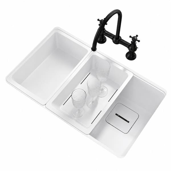 33 in. Dual Mount Single Bowl White Granite Quartz Composite Farmhouse Ledge Workstation Kitchen Sink