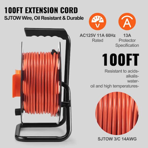 VEVOR 100 ft. 14AWG/3C 13 Amp Extension Cord Reel SJTOW Power Cord with 4  Outlets, Dust Cover, Handle Circuit Breaker for Home SDKJXQ100FT1OY0IGV1 - The  Home Depot