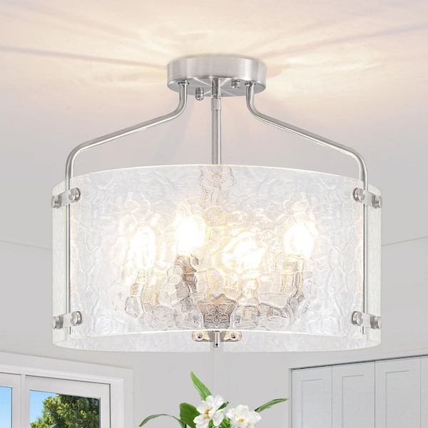 15.35 in. 4-Light Nickel Modern Glass Drum Semi Flush Mount Ceiling Light Fixture for Dinning Room