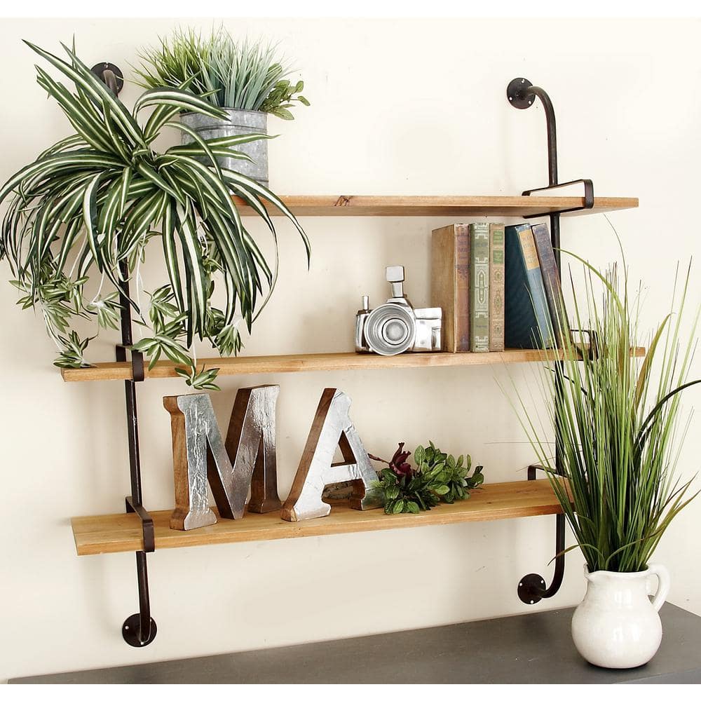 Elegant 38'' Brown Wood Floating Wall Shelf with Five Sections