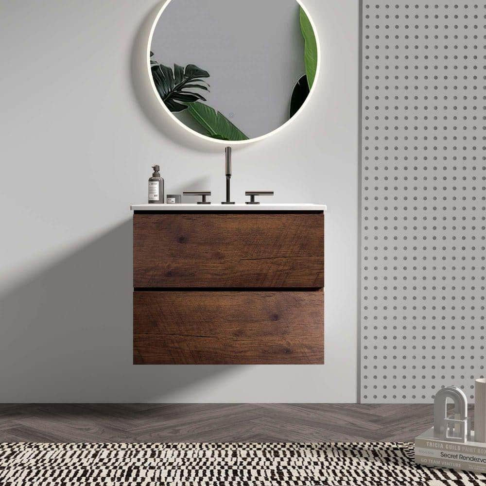 FAMYYT 24 in. W Single Sink Floating Walnut Bath Vanity with White