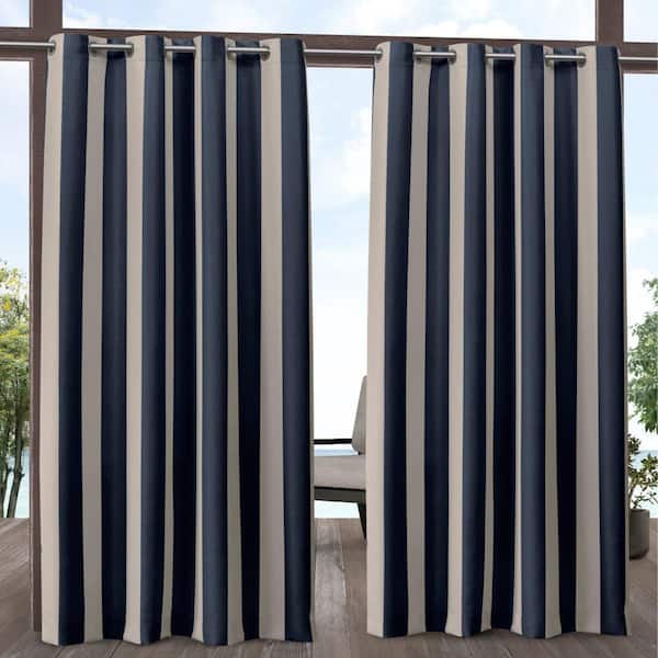 EXCLUSIVE HOME Canopy Stripe Polyester Navy/Sand 54 in. W x 96 in. L Grommet Top Indoor/Outdoor Light Filtering Curtain (Double Panel)