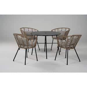 Mongue 5-Piece Metal Outdoor Seating Set with Gray Cushion, 42 in. W Table and Wicker Rattan Chairs for Patio