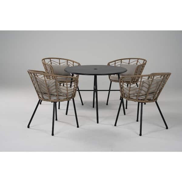 Mondawe Mongue 5-Piece Metal Outdoor Seating Set with Gray Cushion, 42 in. W Table and Wicker Rattan Chairs for Patio