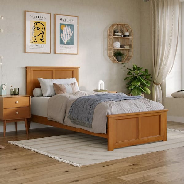 Madison Light Toffee Natural Bronze Solid Wood Frame Twin XL Low Profile Platform Bed with Matching Footboard